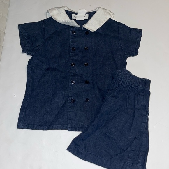 Jack & Teddy two piece short set Navy and white linen short set elegant 24M - Picture 1 of 5